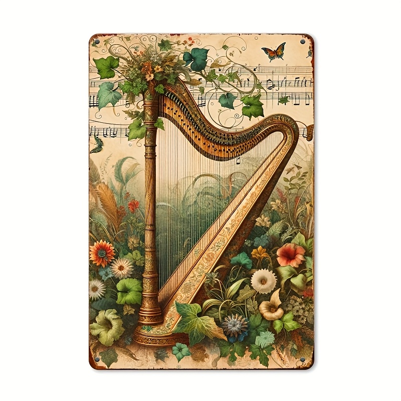Musical Instrument Sign - Plaque Murale Métallique Vintage Harpe Note